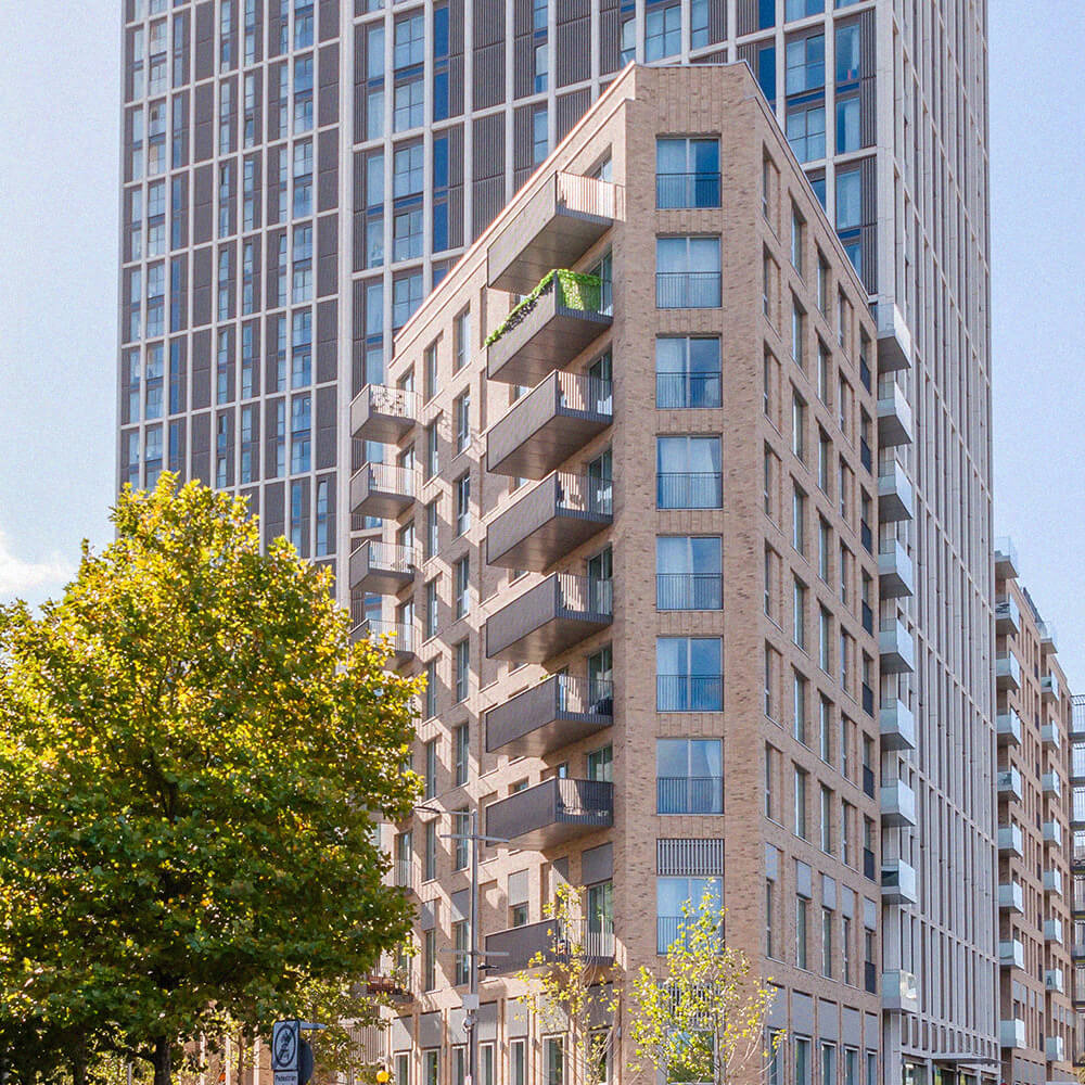 Modern apartment block with clear blue sky in the background