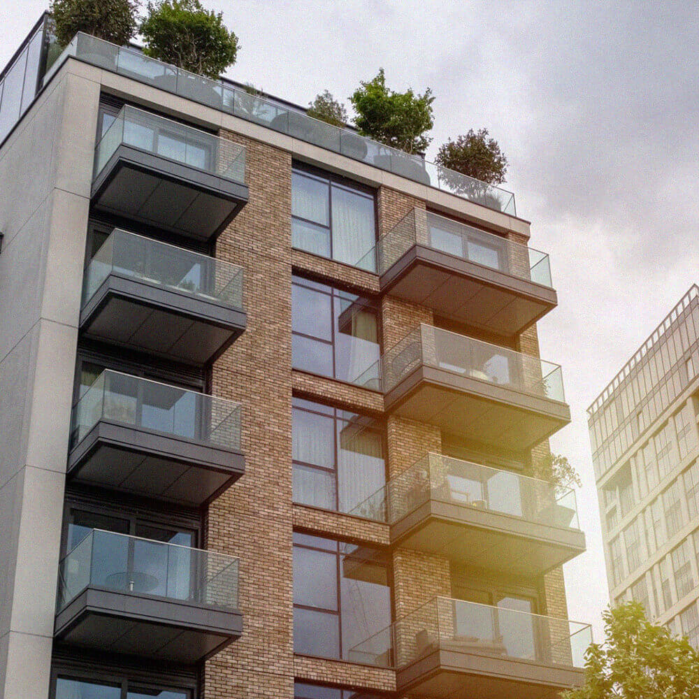 Modern flats with rooftop trees and light flare effect