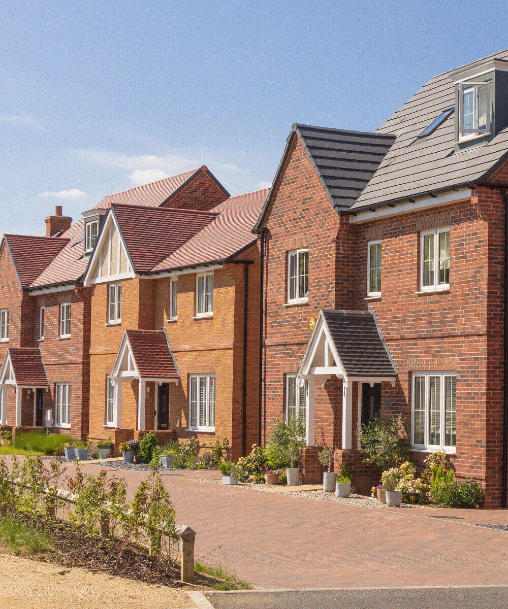 Row of new build red brick houses with plants outside and blue sky in the background